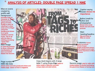 Mise en scene                                                                               Caption saying
created by                                                                                  Dizzee shows his
graffiti wall                                                                               importance
background
provides links to
character of Dizzie                                                                         Byline (credit for
Rascal and his                                                                              author and
genre of music.                                                                             photographer
Graffiti is seen as                                                                         Shows who wrote
rebelling in urban                                                                          Article and who took
areas as it is illegal                                                                      pictures
using this
background shows
                                                                                            Main
he is quite
rebellious and his                                                                          heading/headline
music has to do                                                                             Big and links to
with the idea of                                                                            Mise en scene
rebilling and doing
“what I like”
attitude.
                                                                                        4 columns framed
Main Image                                                                              nicely and almost
                                                                                        all are of equal
Is quite big perhaps
                                                                                        length except third column.
to show a physical                                                                      Text wrapped around radio
manifestation of                                                                        to show importance of Mise
how successful                                                                          en scene
Dizzee has become.




Page number                               Copy (text) begins with A large
NME title Date                            letter Y using Drops Cap helps to   Second image used is radio with
shows when and who produced article and   seize reader’s attention and add    empty bottles of alcohol portraying
makes page easier to find in magazine.    unique style and start article.     the good time Dizzee is having now .
 