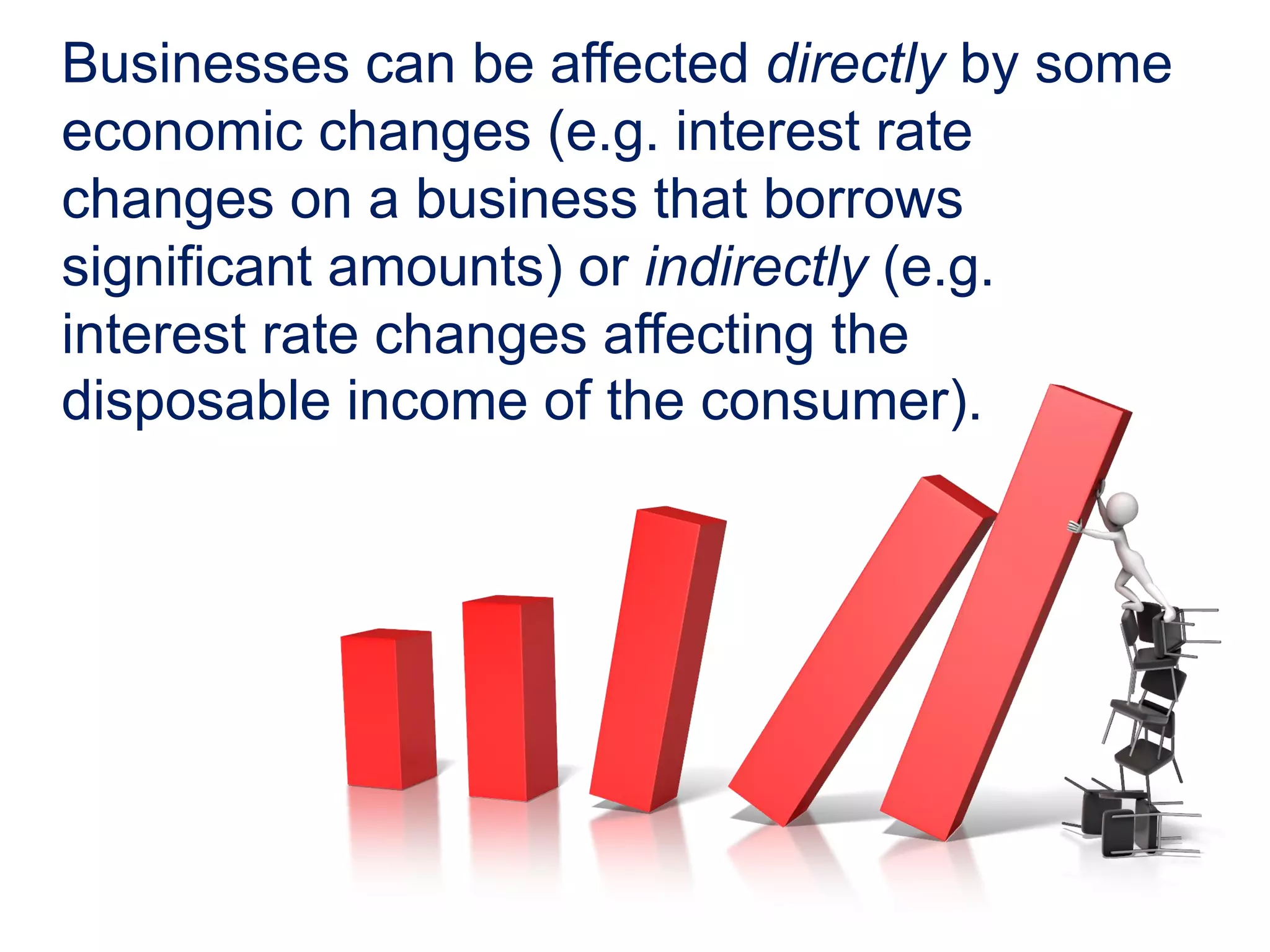 Businesses can be affected directly by some
economic changes (e.g. interest rate
changes on a business that borrows
significant amounts) or indirectly (e.g.
interest rate changes affecting the
disposable income of the consumer).
 