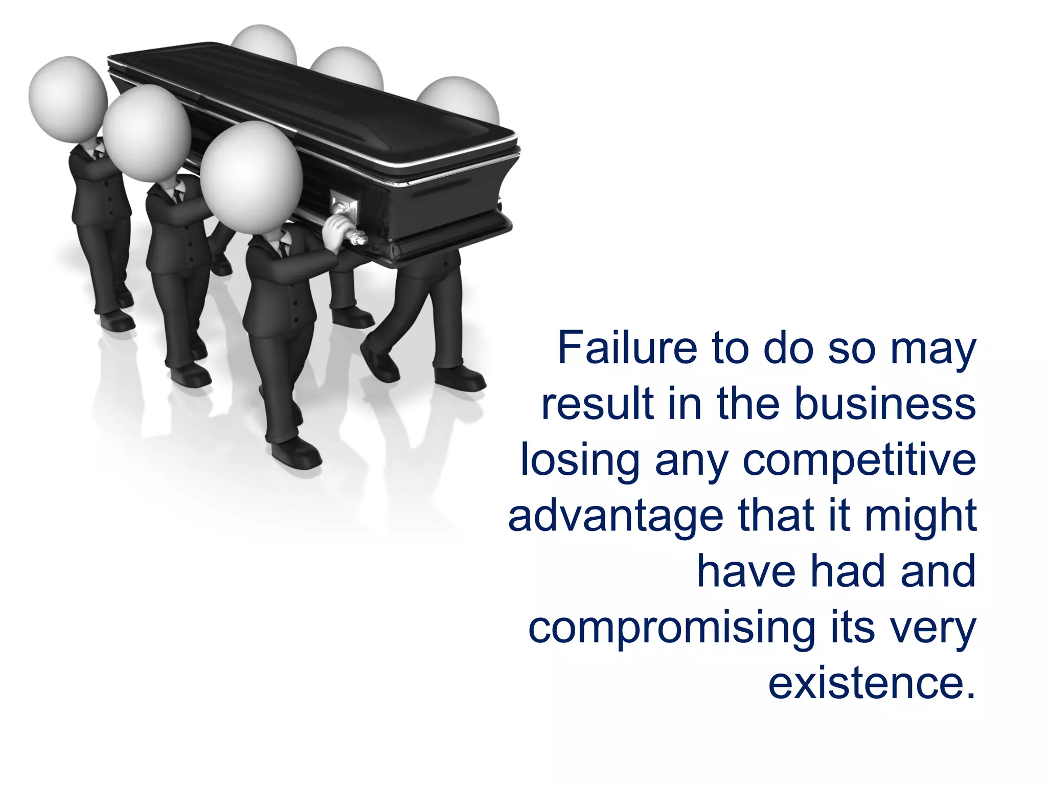 Failure to do so may
result in the business
losing any competitive
advantage that it might
have had and
compromising its very
existence.
 