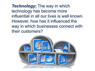 Technology; The way in which
technology has become more
influential in all our lives is well known.
However, how has it influenced the
way in which businesses connect with
their customers?
 