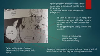 To show the emotion ‘sad’ in manga they
make the eyes larger with white circles to
represent tears. The eyebrows are also
tilted.
All exaggerating and clearly showing the
emotion.
Cheeks are blushed as
people tend to go
blotchy when crying
When sad the speech bubbles
become wobbly to suggest a shaky
voice
Characters close together in close up frame – see the back of
head of one, shows that they are reacting to each other
Quick glimpse of memory – doesn’t show
whole scene as they clearly want to show
it’s a memory.
So just character and speech on a white
background
 