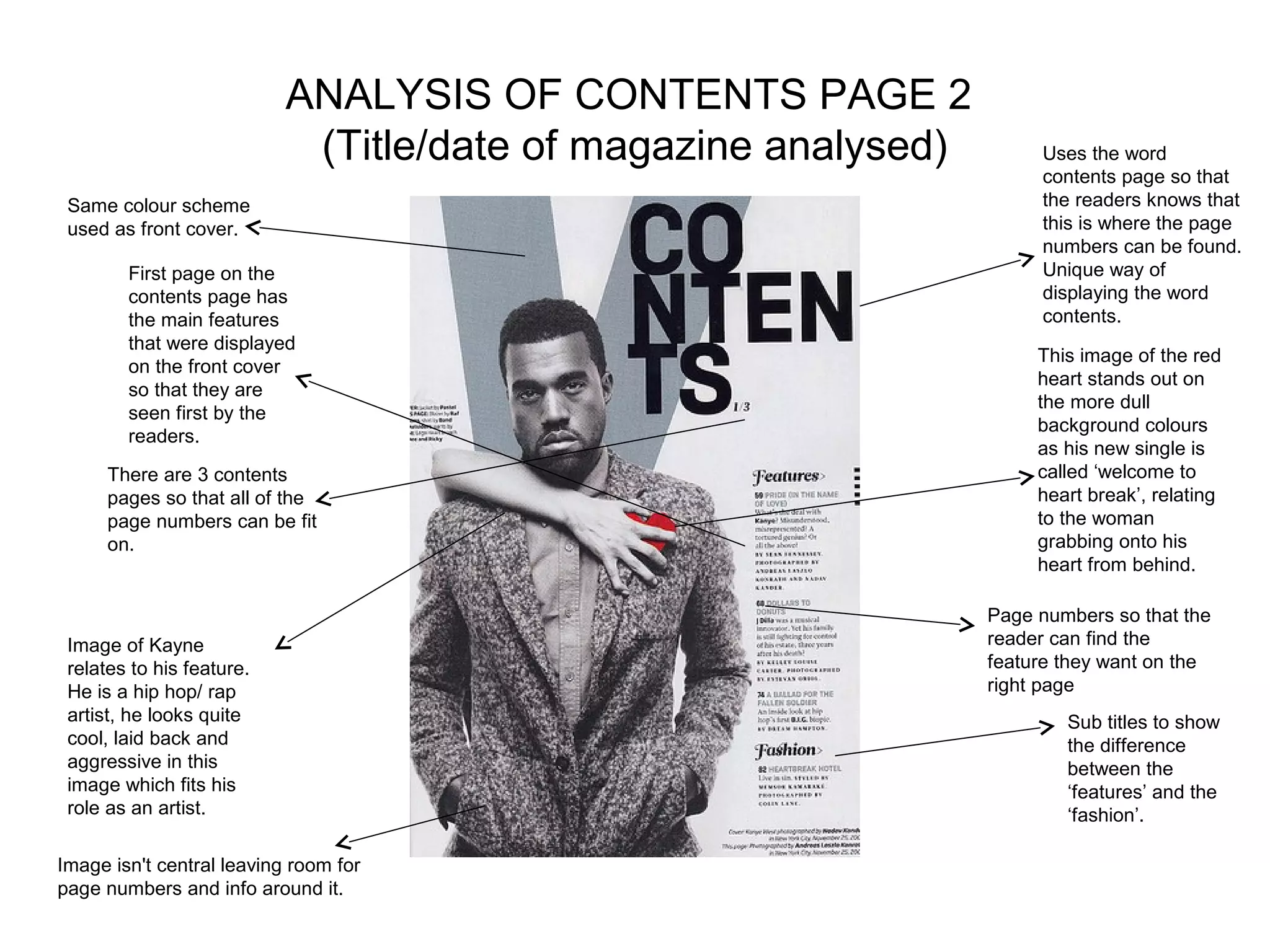 ANALYSIS OF CONTENTS PAGE 2
                            (Title/date of magazine analysed)        Uses the word
                                                                     contents page so that
 Same colour scheme                                                  the readers knows that
 used as front cover.                                                this is where the page
                                                                     numbers can be found.
        First page on the                                            Unique way of
        contents page has                                            displaying the word
        the main features                                            contents.
        that were displayed
                                                                     This image of the red
        on the front cover
                                                                     heart stands out on
        so that they are
                                                                     the more dull
        seen first by the
                                                                     background colours
        readers.
                                                                     as his new single is
      There are 3 contents                                           called ‘welcome to
      pages so that all of the                                       heart break’, relating
      page numbers can be fit                                        to the woman
      on.                                                            grabbing onto his
                                                                     heart from behind.

                                                                Page numbers so that the
 Image of Kayne                                                 reader can find the
 relates to his feature.                                        feature they want on the
 He is a hip hop/ rap                                           right page
 artist, he looks quite                                                 Sub titles to show
 cool, laid back and                                                    the difference
 aggressive in this                                                     between the
 image which fits his                                                   ‘features’ and the
 role as an artist.                                                     ‘fashion’.

Image isn't central leaving room for
page numbers and info around it.
 