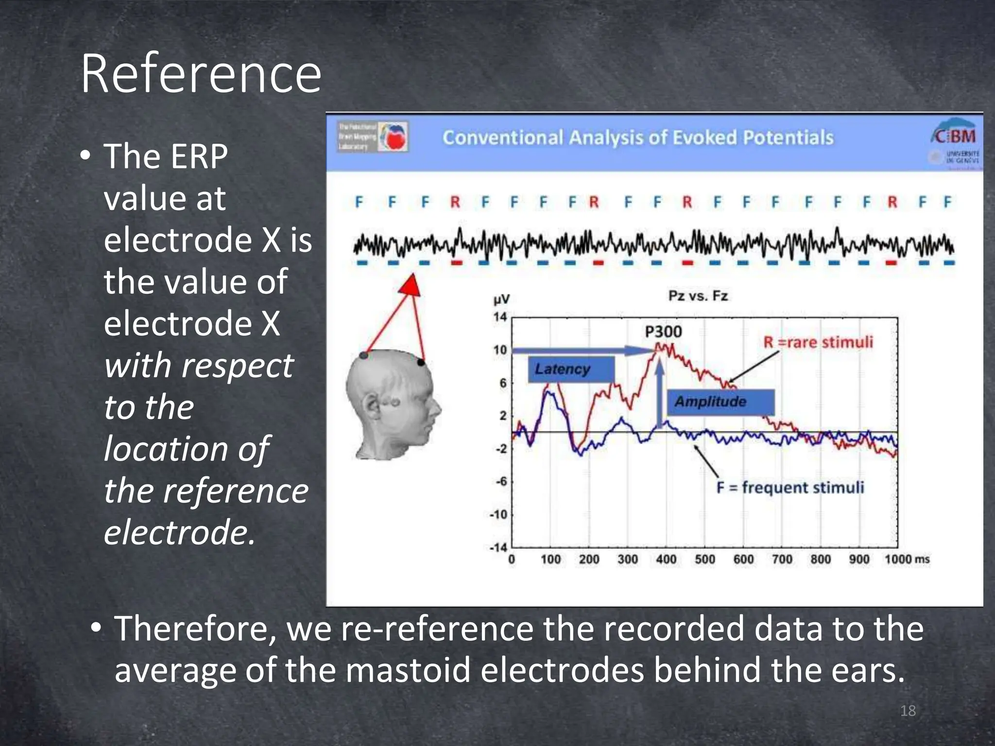 Reference
• The ERP
value at
electrode X is
the value of
electrode X
with respect
to the
location of
the reference
electrode.
• Therefore, we re-reference the recorded data to the
average of the mastoid electrodes behind the ears.
18
 