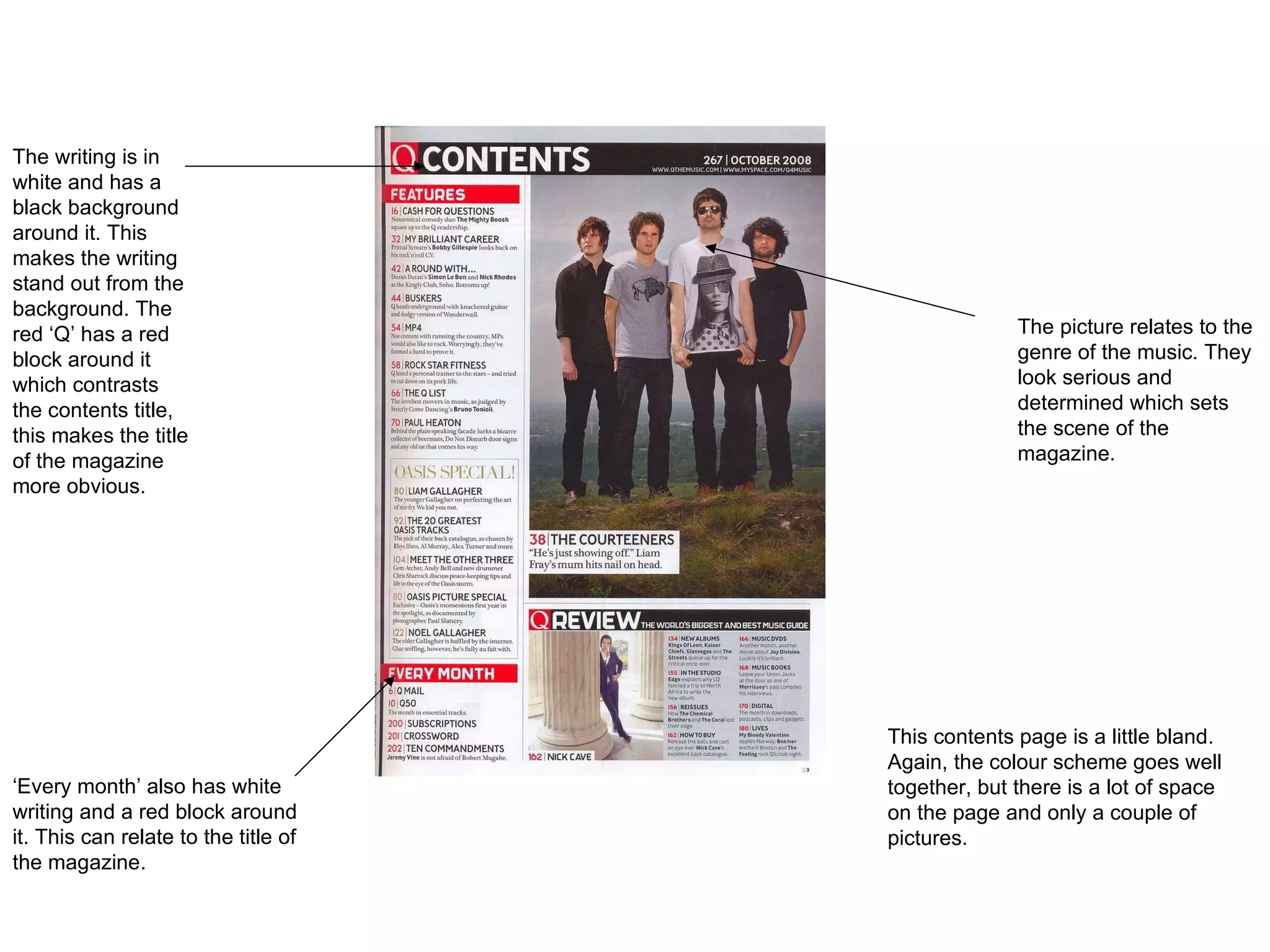 The writing is in white and has a black background around it. This makes the writing stand out from the background. The red ‘Q’ has a red block around it which contrasts the contents title, this makes the title of the magazine more obvious.  ‘ Every month’ also has white writing and a red block around it. This can relate to the title of the magazine.  The picture relates to the genre of the music. They look serious and determined which sets the scene of the magazine. This contents page is a little bland. Again, the colour scheme goes well together, but there is a lot of space on the page and only a couple of pictures. 