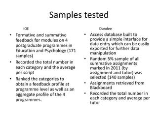 Samples tested 
•Formative and summative feedback for modules on 4 postgraduate programmes in Education and Psychology (171 samples) 
•Recorded the total number in each category and the average per script 
•Ranked the categories to obtain a feedback profile at programme level as well as an aggregate profile of the 4 programmes. 
Dundee 
IOE 
•Access database built to provide a simple interface for data entry which can be easily exported for further data manipulation 
•Random 5% sample of all summative assignments marked in 2011 (by assignment and tutor) was selected (140 samples) 
•Assignments retrieved from Blackboard 
•Recorded the total number in each category and average per tutor  