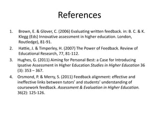 References 
1.Brown, E. & Glover, C. (2006) Evaluating written feedback. in: B. C. & K. Klegg (Eds) Innovative assessment in higher education. London, Routledge), 81-91. 
2.Hattie, J. & Timperley, H. (2007) The Power of Feedback. Review of Educational Research, 77, 81-112. 
3.Hughes, G. (2011) Aiming for Personal Best: a Case for Introducing Ipsative Assessment in Higher Education Studies in Higher Education 36 (3): 353 – 367. 
4.Orsmond, P. & Merry, S. (2011) Feedback alignment: effective and ineffective links between tutors’ and students’ understanding of coursework feedback. Assessment & Evaluation in Higher Education. 36(2): 125-126. 