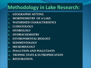 1. GEOGRAPHIC SETTING
2. MORPHOMETRY OF A LAKE
3. WATERSHED CHARACTERISTICS
4. CLIMATOLOGY
5. HYDROLOGY
6. HYDROCHEMISTRY
...