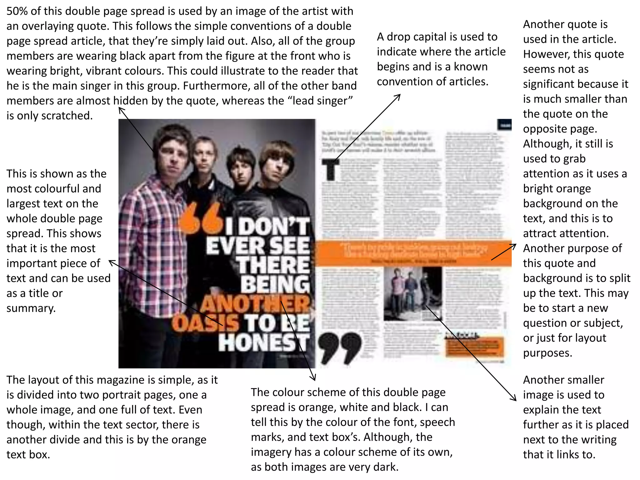 50% of this double page spread is used by an image of the artist with
an overlaying quote. This follows the simple conventions of a double                                     Another quote is
page spread article, that they’re simply laid out. Also, all of the group   A drop capital is used to    used in the article.
members are wearing black apart from the figure at the front who is         indicate where the article   However, this quote
wearing bright, vibrant colours. This could illustrate to the reader that   begins and is a known        seems not as
he is the main singer in this group. Furthermore, all of the other band     convention of articles.      significant because it
members are almost hidden by the quote, whereas the “lead singer”                                        is much smaller than
is only scratched.                                                                                       the quote on the
                                                                                                         opposite page.
                                                                                                         Although, it still is
                                                                                                         used to grab
This is shown as the                                                                                     attention as it uses a
most colourful and                                                                                       bright orange
largest text on the                                                                                      background on the
whole double page                                                                                        text, and this is to
spread. This shows                                                                                       attract attention.
that it is the most                                                                                      Another purpose of
important piece of                                                                                       this quote and
text and can be used                                                                                     background is to split
as a title or                                                                                            up the text. This may
summary.                                                                                                 be to start a new
                                                                                                         question or subject,
                                                                                                         or just for layout
                                                                                                         purposes.

The layout of this magazine is simple, as it                                                             Another smaller
is divided into two portrait pages, one a         The colour scheme of this double page                  image is used to
whole image, and one full of text. Even           spread is orange, white and black. I can               explain the text
though, within the text sector, there is          tell this by the colour of the font, speech            further as it is placed
another divide and this is by the orange          marks, and text box’s. Although, the                   next to the writing
text box.                                         imagery has a colour scheme of its own,                that it links to.
                                                  as both images are very dark.
 