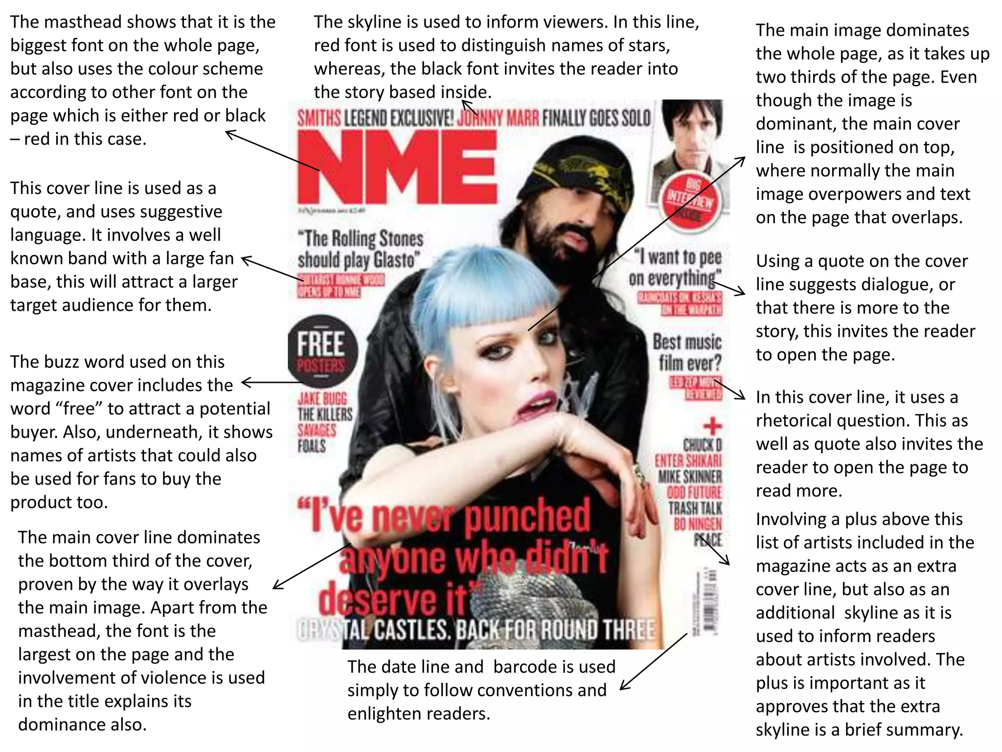 The masthead shows that it is the    The skyline is used to inform viewers. In this line,   The main image dominates
biggest font on the whole page,      red font is used to distinguish names of stars,        the whole page, as it takes up
but also uses the colour scheme      whereas, the black font invites the reader into        two thirds of the page. Even
according to other font on the       the story based inside.                                though the image is
page which is either red or black                                                           dominant, the main cover
– red in this case.                                                                         line is positioned on top,
                                                                                            where normally the main
This cover line is used as a                                                                image overpowers and text
quote, and uses suggestive                                                                  on the page that overlaps.
language. It involves a well
known band with a large fan                                                                 Using a quote on the cover
base, this will attract a larger                                                            line suggests dialogue, or
target audience for them.                                                                   that there is more to the
                                                                                            story, this invites the reader
The buzz word used on this                                                                  to open the page.
magazine cover includes the
                                                                                            In this cover line, it uses a
word “free” to attract a potential
                                                                                            rhetorical question. This as
buyer. Also, underneath, it shows
                                                                                            well as quote also invites the
names of artists that could also
                                                                                            reader to open the page to
be used for fans to buy the
                                                                                            read more.
product too.
                                                                                            Involving a plus above this
 The main cover line dominates                                                              list of artists included in the
 the bottom third of the cover,                                                             magazine acts as an extra
 proven by the way it overlays                                                              cover line, but also as an
 the main image. Apart from the                                                             additional skyline as it is
 masthead, the font is the                                                                  used to inform readers
 largest on the page and the                                                                about artists involved. The
                                         The date line and barcode is used
 involvement of violence is used                                                            plus is important as it
                                         simply to follow conventions and
 in the title explains its                                                                  approves that the extra
                                         enlighten readers.
 dominance also.                                                                            skyline is a brief summary.
 