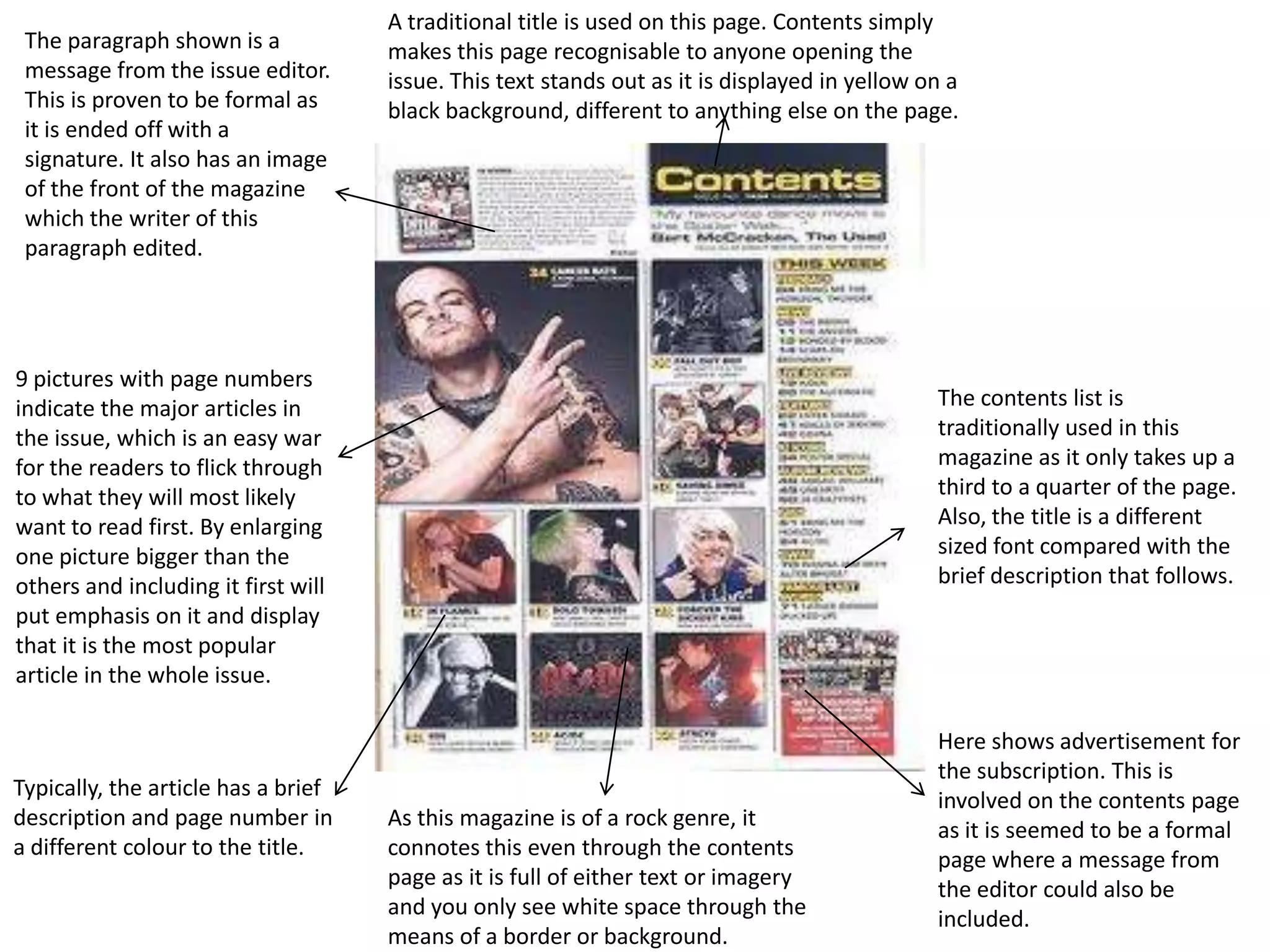 A traditional title is used on this page. Contents simply
 The paragraph shown is a            makes this page recognisable to anyone opening the
 message from the issue editor.      issue. This text stands out as it is displayed in yellow on a
 This is proven to be formal as      black background, different to anything else on the page.
 it is ended off with a
 signature. It also has an image
 of the front of the magazine
 which the writer of this
 paragraph edited.




9 pictures with page numbers
indicate the major articles in                                                                 The contents list is
the issue, which is an easy war                                                                traditionally used in this
for the readers to flick through                                                               magazine as it only takes up a
to what they will most likely                                                                  third to a quarter of the page.
want to read first. By enlarging                                                               Also, the title is a different
one picture bigger than the                                                                    sized font compared with the
others and including it first will                                                             brief description that follows.
put emphasis on it and display
that it is the most popular
article in the whole issue.

                                                                                               Here shows advertisement for
                                                                                               the subscription. This is
Typically, the article has a brief
                                                                                               involved on the contents page
description and page number in       As this magazine is of a rock genre, it                   as it is seemed to be a formal
a different colour to the title.     connotes this even through the contents                   page where a message from
                                     page as it is full of either text or imagery              the editor could also be
                                     and you only see white space through the                  included.
                                     means of a border or background.
 