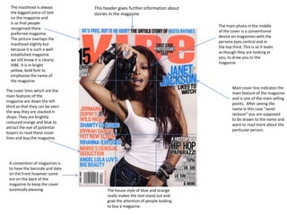 The masthead is always
the biggest piece of text
on the magazine and
is so that people
recognised there
preferred magazine.
The picture overlaps the
masthead slightly but
because it is such a well
established magazine
we still know it is clearly
VIBE. It is in bright
yellow, bold font to
emphasise the name of
the magazine

This header gives further information about
stories in the magazine
The main photo in the middle
of the cover is a conventional
device on magazines with the
persons eyes central and in
the top third. This is so it looks
as though they are looking at
you, to draw you to the
magazine

Main cover line indicates the
main feature of the magazine
and is one of the main selling
points. After seeing the
name in this case “Janet
Jackson” you are supposed
to be drawn to the name and
want to read more about the
particular person.

The cover lines which are the
main features of the
magazine are down the left
third so that they can be seen
the way they are stacked in
shops. They are brightly
coloured orange and blue to
attract the eye of potential
buyers to read these cover
lines and buy the magazine.

A convention of magazines is
to have the barcode and date
on the front however some
are on the back of the
magazine to keep the cover
ascetically pleasing

The house style of blue and orange
really makes the text stand out and
grab the attention of people looking
to buy a magazine.

 