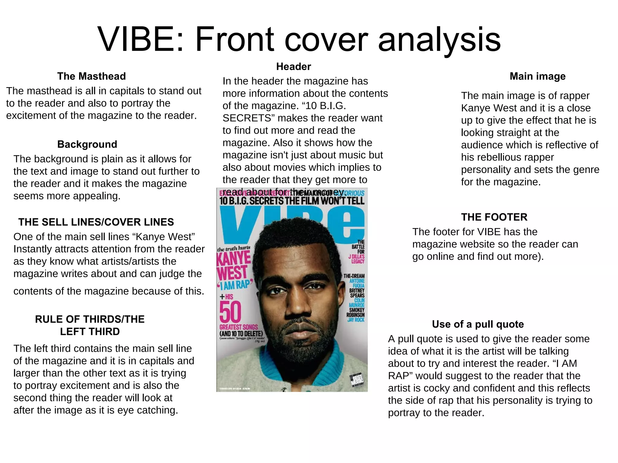 VIBE: Front cover analysis The Masthead The masthead is all in capitals to stand out to the reader and also to portray the excitement of the magazine to the reader. Background The background is plain as it allows for the text and image to stand out further to the reader and it makes the magazine seems more appealing.  Header In the header the magazine has more information about the contents of the magazine. “10 B.I.G. SECRETS” makes the reader want to find out more and read the magazine. Also it shows how the magazine isn't just about music but also about movies which implies to the reader that they get more to read about for their money. Main image The main image is of rapper Kanye West and it is a close up to give the effect that he is looking straight at the audience which is reflective of his rebellious rapper personality and sets the genre for the magazine. THE FOOTER THE SELL LINES/COVER LINES RULE OF THIRDS/THE LEFT THIRD The footer for VIBE has the magazine website so the reader can go online and find out more). One of the main sell lines “Kanye West” Instantly attracts attention from the reader as they know what artists/artists the magazine writes about and can judge the contents of the magazine because of this.   The left third contains the main sell line of the magazine and it is in capitals and larger than the other text as it is trying to portray excitement and is also the second thing the reader will look at after the image as it is eye catching.  Use of a pull quote A pull quote is used to give the reader some idea of what it is the artist will be talking about to try and interest the reader. “I AM RAP” would suggest to the reader that the artist is cocky and confident and this reflects the side of rap that his personality is trying to portray to the reader. 