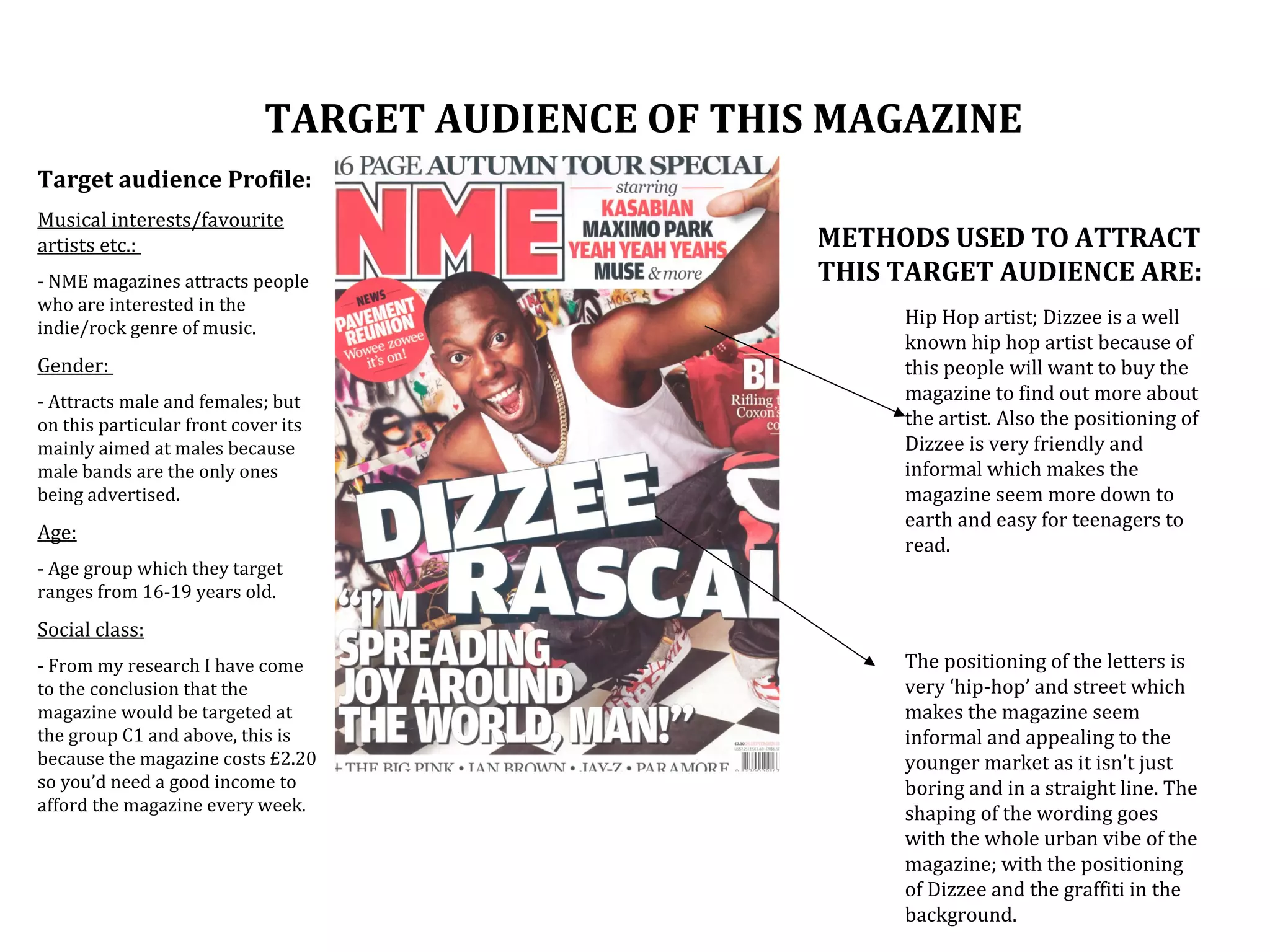 TARGET AUDIENCE OF THIS MAGAZINE
Target audience Profile:
Musical interests/favourite
artists etc.:                                       METHODS USED TO ATTRACT
- NME magazines attracts people                     THIS TARGET AUDIENCE ARE:
who are interested in the
indie/rock genre of music.
                                                         Hip Hop artist; Dizzee is a well
                                                         known hip hop artist because of
Gender:                                                  this people will want to buy the
- Attracts male and females; but                         magazine to find out more about
on this particular front cover its                       the artist. Also the positioning of
mainly aimed at males because                            Dizzee is very friendly and
male bands are the only ones                             informal which makes the
being advertised.                                        magazine seem more down to
                                                         earth and easy for teenagers to
Age:
                                                         read.
- Age group which they target
ranges from 16-19 years old.
Social class:
- From my research I have come                           The positioning of the letters is
to the conclusion that the                               very ‘hip-hop’ and street which
magazine would be targeted at                            makes the magazine seem
the group C1 and above, this is                          informal and appealing to the
because the magazine costs £2.20                         younger market as it isn’t just
so you’d need a good income to                           boring and in a straight line. The
afford the magazine every week.                          shaping of the wording goes
                                                         with the whole urban vibe of the
                                                         magazine; with the positioning
                                                         of Dizzee and the graffiti in the
                                                         background.
 