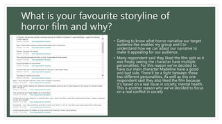 What is your favourite storyline of
horror film and why?
• Getting to know what horror narrative our target
audience like enables my group and I to
understand how we can adapt our narrative to
make it appealing for our audience.
• Many respondent said they liked the film split as it
was freaky seeing the character have multiple
personalities. For this reason we've decided to
have our main character Madeline have a good
and bad side. There’ll be a fight between these
two different personalities. As well as this one
respondent said they also liked the film because
it’s based on a real issue in society: mental health.
This is another reason why we’ve decided to focus
on a real conflict in society
 