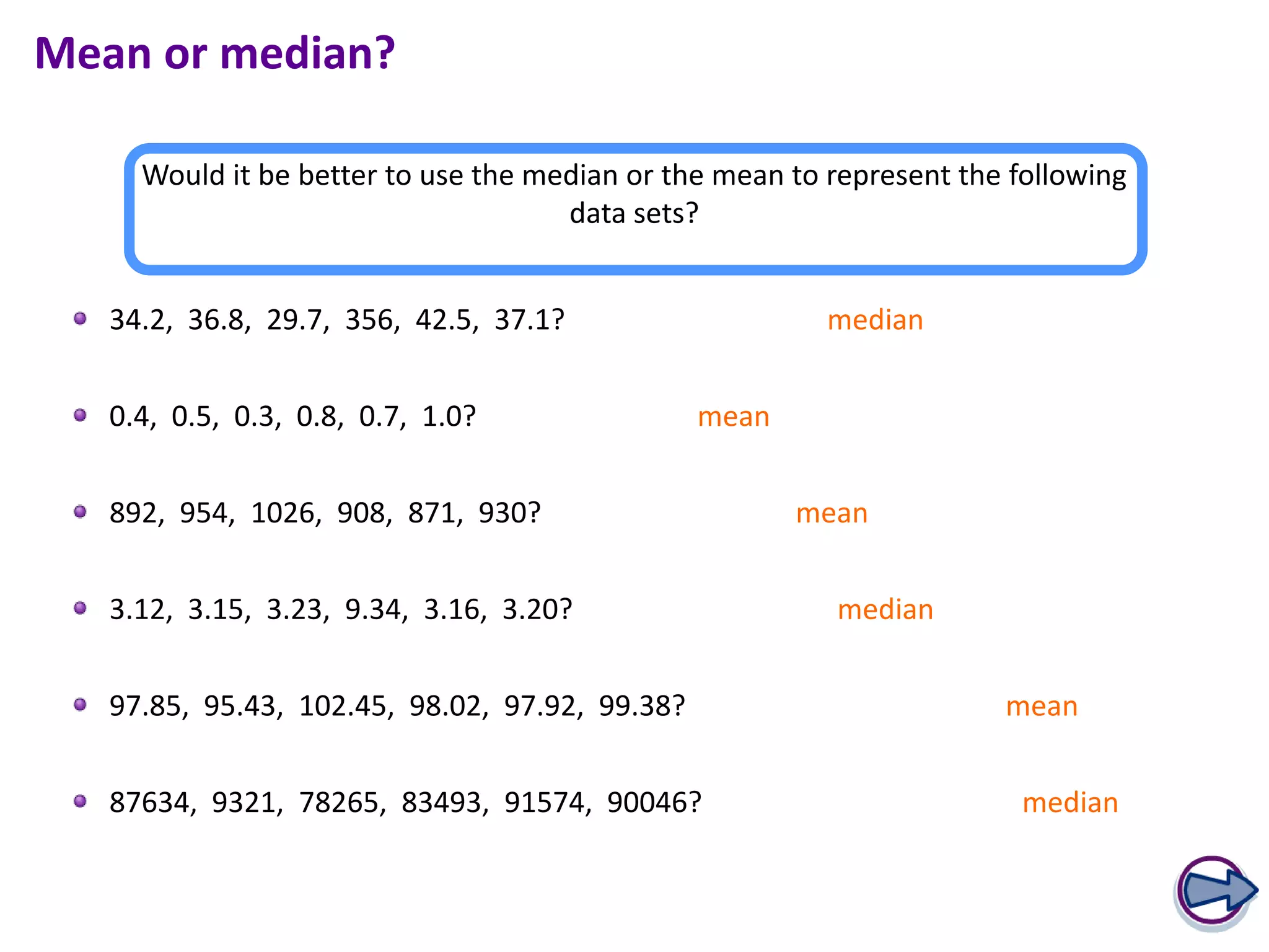 Mean or median?

     Would it be better to use the median or the mean to represent the following
                                     data sets?


   34.2, 36.8, 29.7, 356, 42.5, 37.1?                    median


   0.4, 0.5, 0.3, 0.8, 0.7, 1.0?                mean


   892, 954, 1026, 908, 871, 930?                      mean


   3.12, 3.15, 3.23, 9.34, 3.16, 3.20?                   median


   97.85, 95.43, 102.45, 98.02, 97.92, 99.38?                         mean


   87634, 9321, 78265, 83493, 91574, 90046?                             median
 