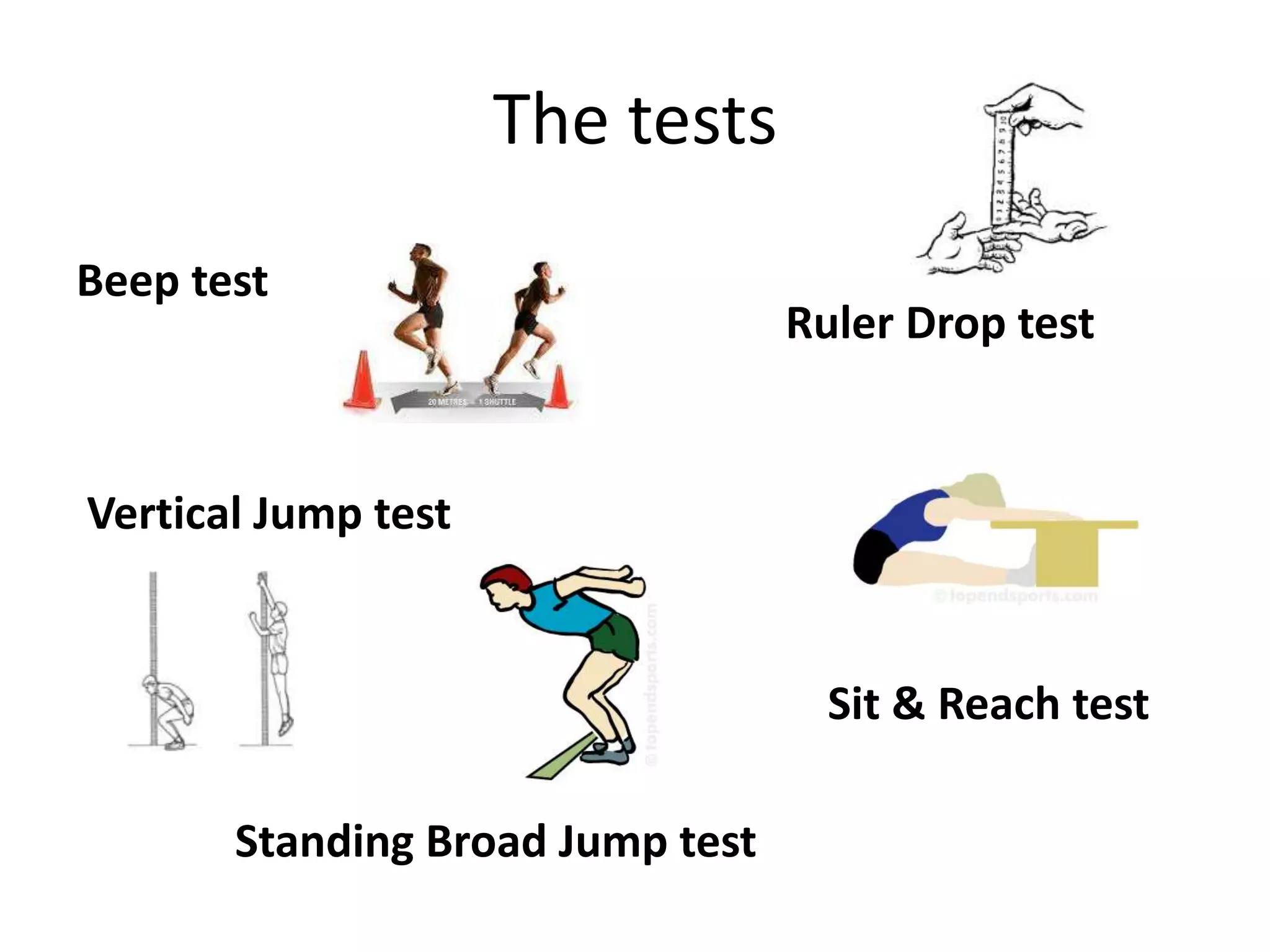 The tests
Beep test
                                  Ruler Drop test


Vertical Jump test


                                    Sit & Reach test

       Standing Broad Jump test
 