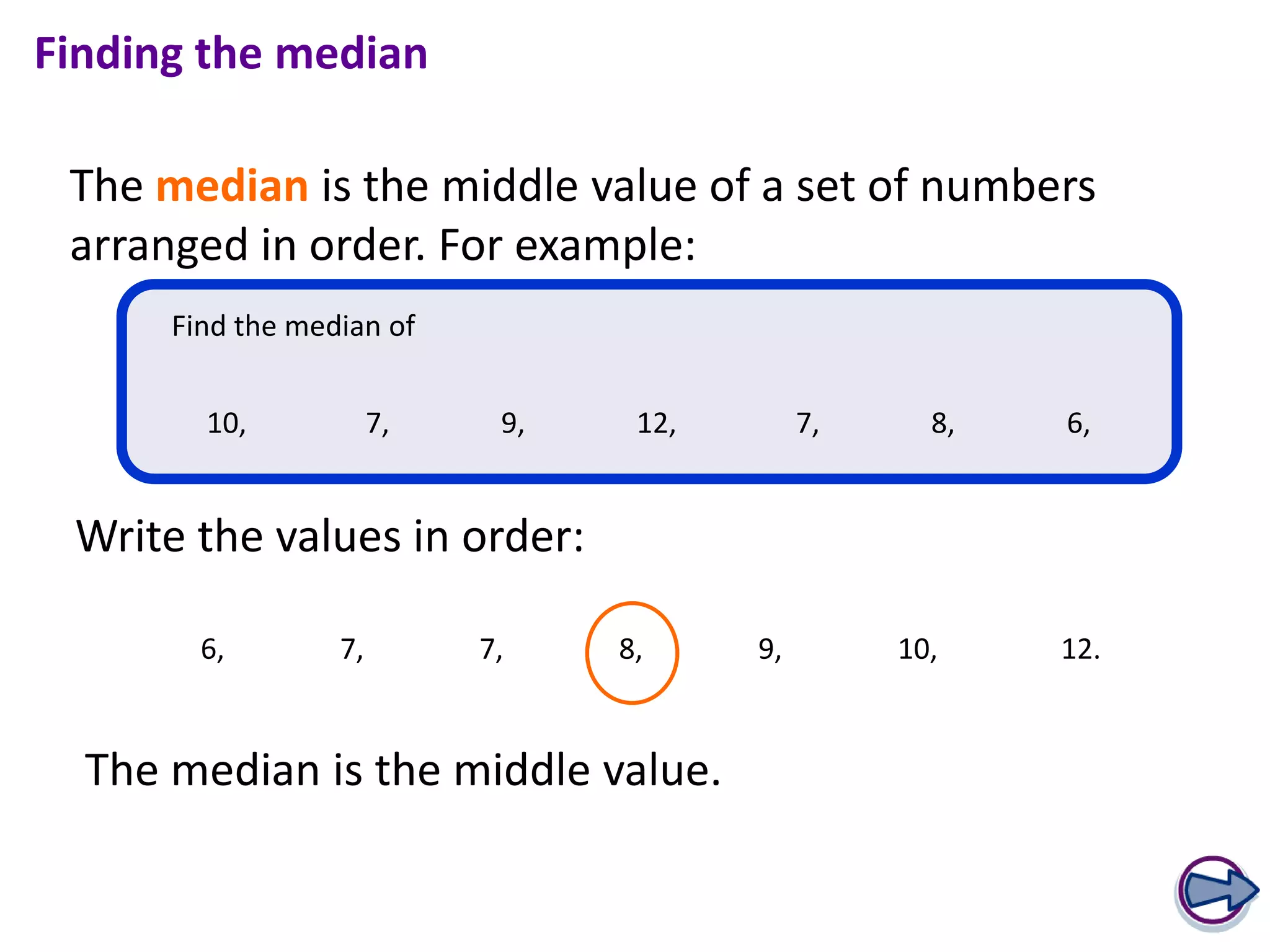 Finding the median

 The median is the middle value of a set of numbers
 arranged in order. For example:
      Find the median of


        10,            7,    9,    12,        7,     8,   6,


 Write the values in order:

        6,        7,        7,    8,     9,        10,    12.


  The median is the middle value.
 