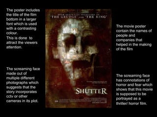 The screaming face
has connotations of
horror and fear which
shows that this movie
is supposed to be
portrayed as a
thriller/ horror film.
The movie poster
contain the names of
people and
companies that
helped in the making
of the film
The poster includes
the title of the film
bottom in a larger
font which is used
with a contrasting
colour.
This is done to
attract the viewers
attention.
The screaming face
made out of
multiple different
photographs which
suggests that the
story incorporates
cctv or other
cameras in its plot.
 