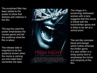 The scratched filter has
been added to the
poster to show that
distress and violence in
the film.
The tag line used the
poster emphasises the
movies genre and tell
the audience what the
film is about.
The image of a
screaming/ distressed
woman with a tiara
suggests that this movie
is linked with the
horror/thriller genre and
is likely to be set at a
school prom.
The red title connotes
blood and danger
which further enforces
the thriller genre
It is also written in a
sharp pointy font to
emphasise the horror
and simplicity of the
film.
The release date is
important to let the
audience known when
the movie is coming
out and make them
remember the date.
 