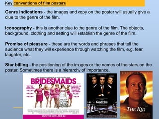 Key conventions of film posters
Genre indications - the images and copy on the poster will usually give a
clue to the genre of the film.
Iconography - this is another clue to the genre of the film. The objects,
background, clothing and setting will establish the genre of the film.
Promise of pleasure - these are the words and phrases that tell the
audience what they will experience through watching the film, e.g. fear,
laughter, etc.
Star billing - the positioning of the images or the names of the stars on the
poster. Sometimes there is a hierarchy of importance.
 