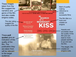 Mark of quality
making
reference to
similar
successful films
The film title is a
hook and
creates an
enigma
These pull
quotes give an
indication of the
quality of the
film. The
publication they
are taken from
will be relevant
to the target
audience.
Awards and
accolades show
the quality of the
film and can
lead to more
people wanting
to go and see
the film.
The slogan, this
creates an
enigma code.
The star rating
suggest the
quality of the film
These images
taken from the
film suggest the
narrative and
genre of the film
and also create
enigma codes.
 