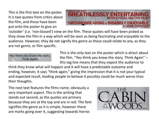This is the first text on the poster.
It is two quotes from critics about
the film, and these have been
put onto the poster to give an
‘outsider’ (i.e. ‘non-biased’) view on the film. These quotes will have been picked as
they show the film in a way which will be seen as being fascinating and enjoyable to the
audience. However, they do not signify the genre as these could relate to any, as they
are not genre, or film specific.
                                 This is the only text on the poster which is direct about
                                 the film. “You think you know the story. Think Again” –
                                 this tag line means that they expect the audience to
think they know what will happen and it will have a predictable outcome and
ending, however, it says “think again,” giving the impression that it is not your typical
and expected result, leading people to believe it possibly could be much worse than
their thoughts.
The next text features the films name, obviously a
very important aspect. This is the writing that
stands out second, as the quotes are primary
because they are at the top and are in red. The font
signifies the genre as it is simple, however there
are marks going over it, suggesting towards horror.
 
