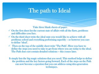Take three blank sheets of paper.
 On the first sheet list the current state of affairs with all the flaws, problems
and difficulties you face.
 On the third sheet write the ideal state you would like to achieve with all
problems solved and everything performing superbly – or however you care
to define ‗ideal‘.
 Then on the top of the middle sheet write ‗The Path‘. Here you have to
define the steps you need to take to get from where you are today to the ideal.
The Path does not contain detailed solutions – this comes later.
It simply lists the big magic solutions that you need. This method helps to define
the problem and the key factors going forward. Each of the steps on the Path
can now become a question that you can address using idea generation
techniques.
The path to Ideal
 