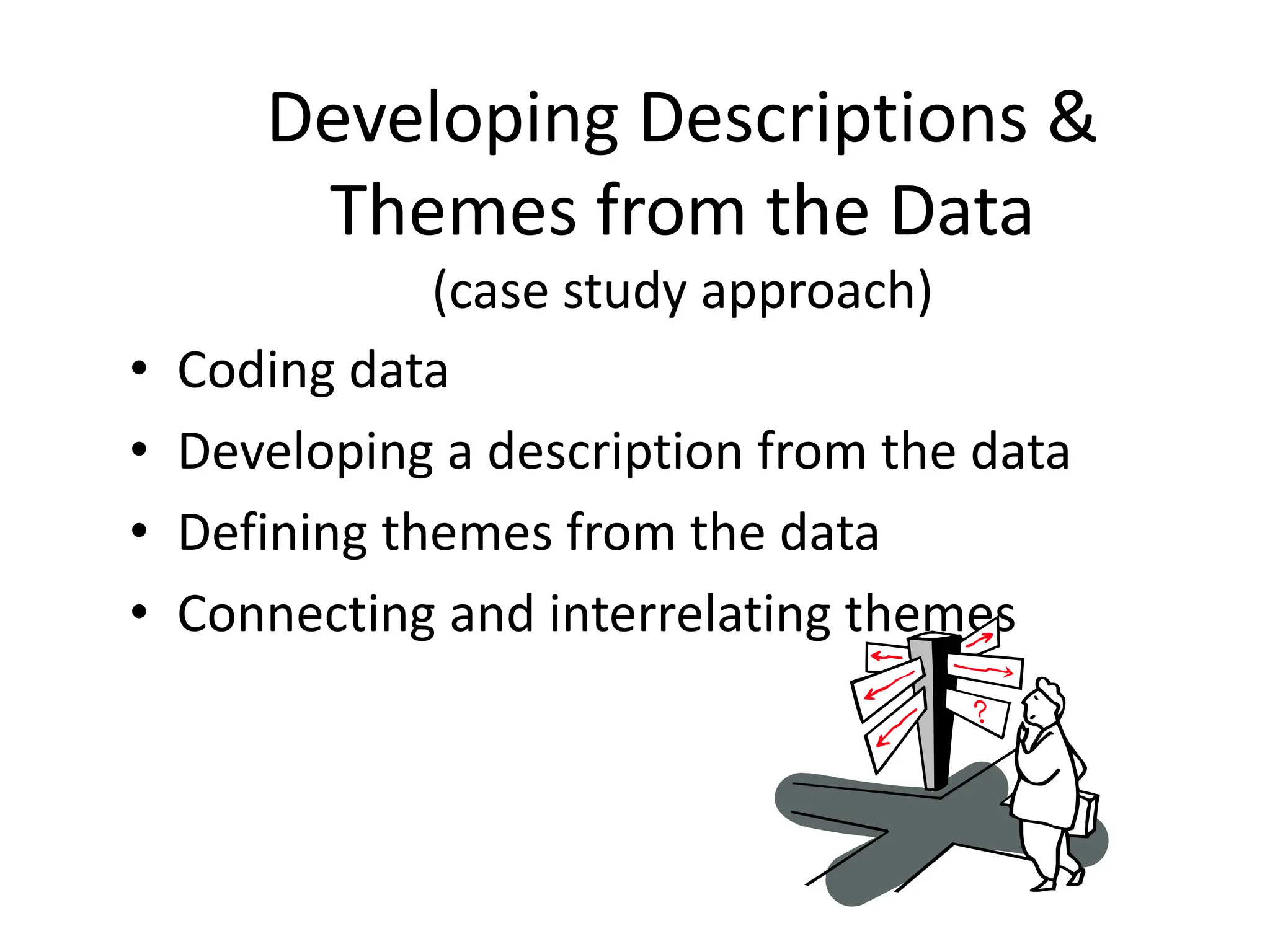Developing Descriptions &
Themes from the Data
(case study approach)
• Coding data
• Developing a description from the data
• Defining themes from the data
• Connecting and interrelating themes
 