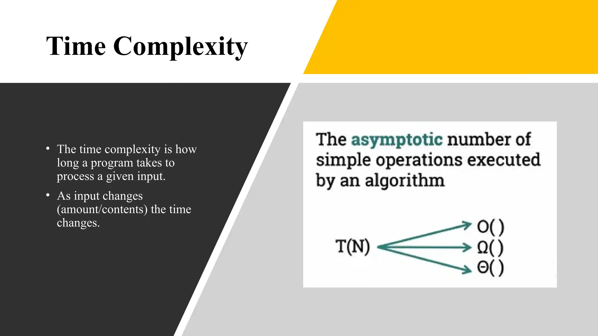 Time Complexity
• The time complexity is how
long a program takes to
process a given input.
• As input changes
(amount/contents) the time
changes.
 