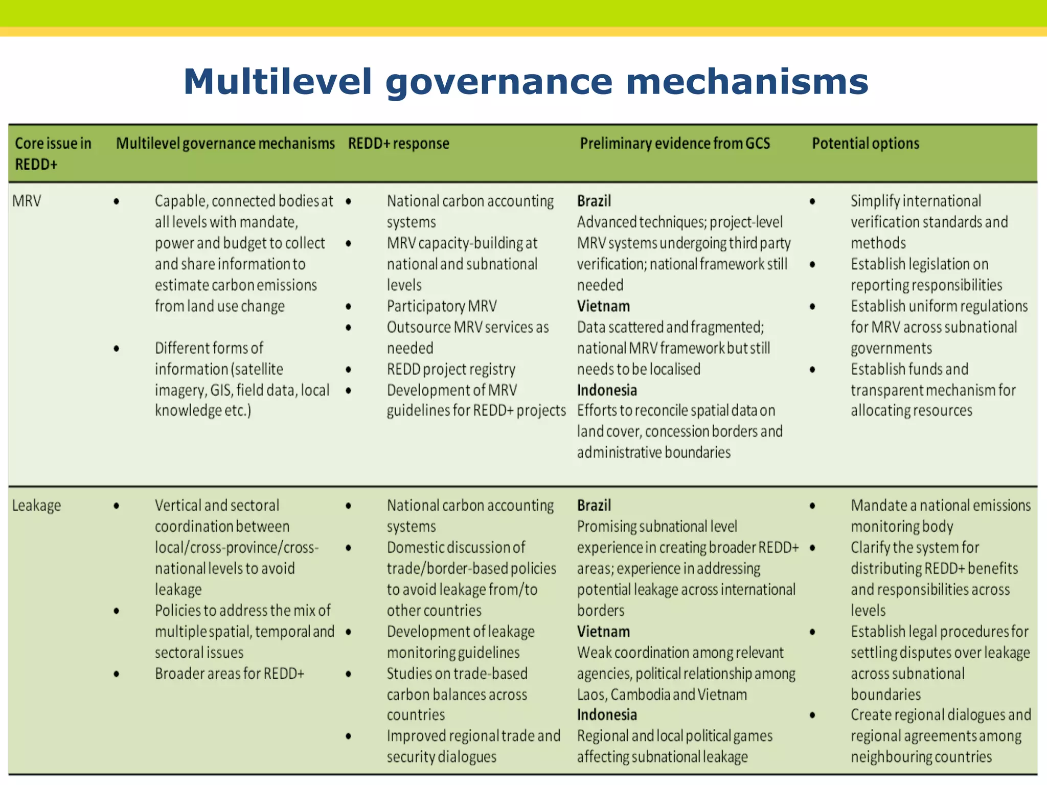 Multilevel governance mechanisms
THINKING beyond the canopy