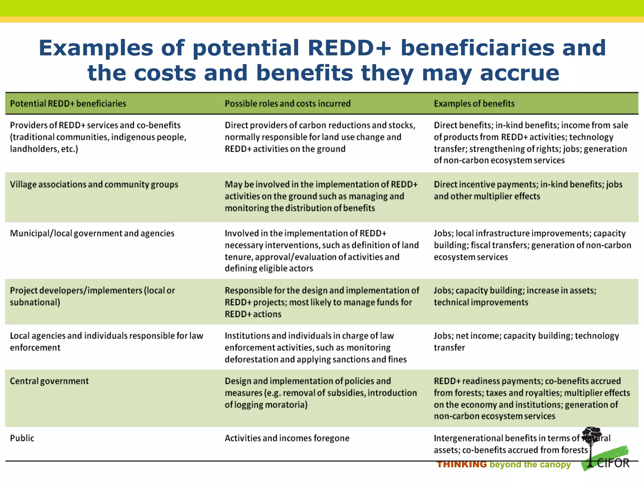 Examples of potential REDD+ beneficiaries and
the costs and benefits they may accrue
THINKING beyond the canopy