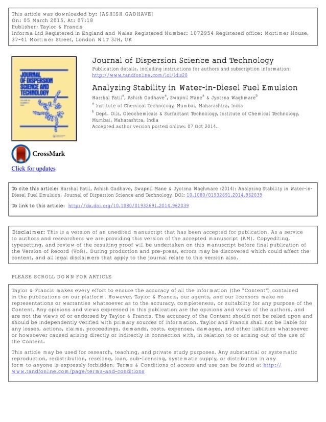 Analysing stability in water-in-diesel fuel emulsion | PDF