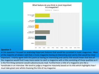 Question 5-
In this question I focused on analysing important features that would be consisted in music magazines. Most
of the majority of viewers said that a music magazine having an interesting and catchy title would be most
important. I mainly agree with this point as having an interesting and catchy title would mean that fans of
the magazine would find it way more easier to catch a magazine with a title consisting of those qualities as it
is the first thing someone would subconsciously read. Furthermore a title of a magazine acts like a
handshake in an interview. We tend to judge a magazine massively based on its title which highlights how I
must take great care whilst choosing the title of my magazine.
 