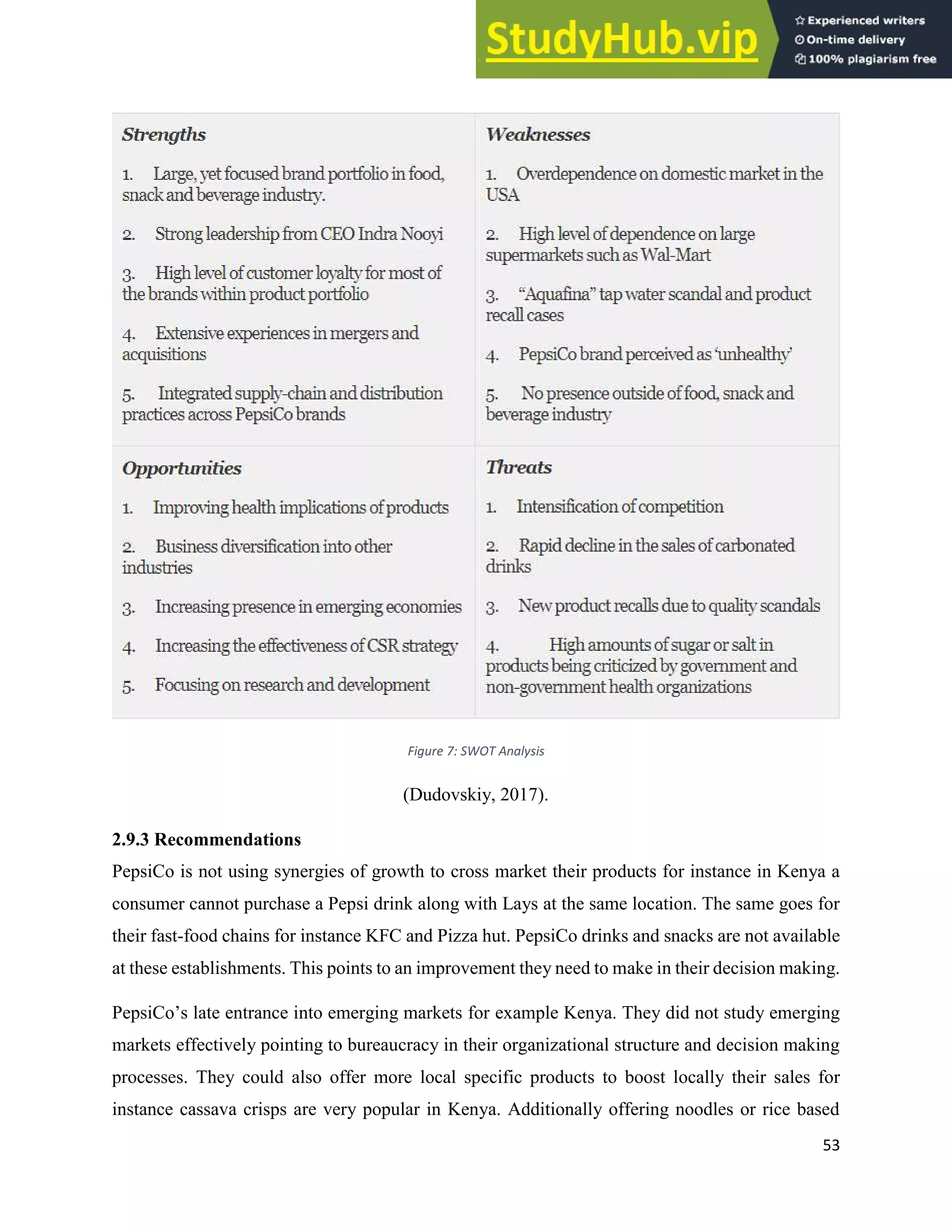 53
Figure 7: SWOT Analysis
(Dudovskiy, 2017).
2.9.3 Recommendations
PepsiCo is not using synergies of growth to cross market their products for instance in Kenya a
consumer cannot purchase a Pepsi drink along with Lays at the same location. The same goes for
their fast-food chains for instance KFC and Pizza hut. PepsiCo drinks and snacks are not available
at these establishments. This points to an improvement they need to make in their decision making.
PepsiCo’s late entrance into emerging markets for example Kenya. They did not study emerging
markets effectively pointing to bureaucracy in their organizational structure and decision making
processes. They could also offer more local specific products to boost locally their sales for
instance cassava crisps are very popular in Kenya. Additionally offering noodles or rice based
 