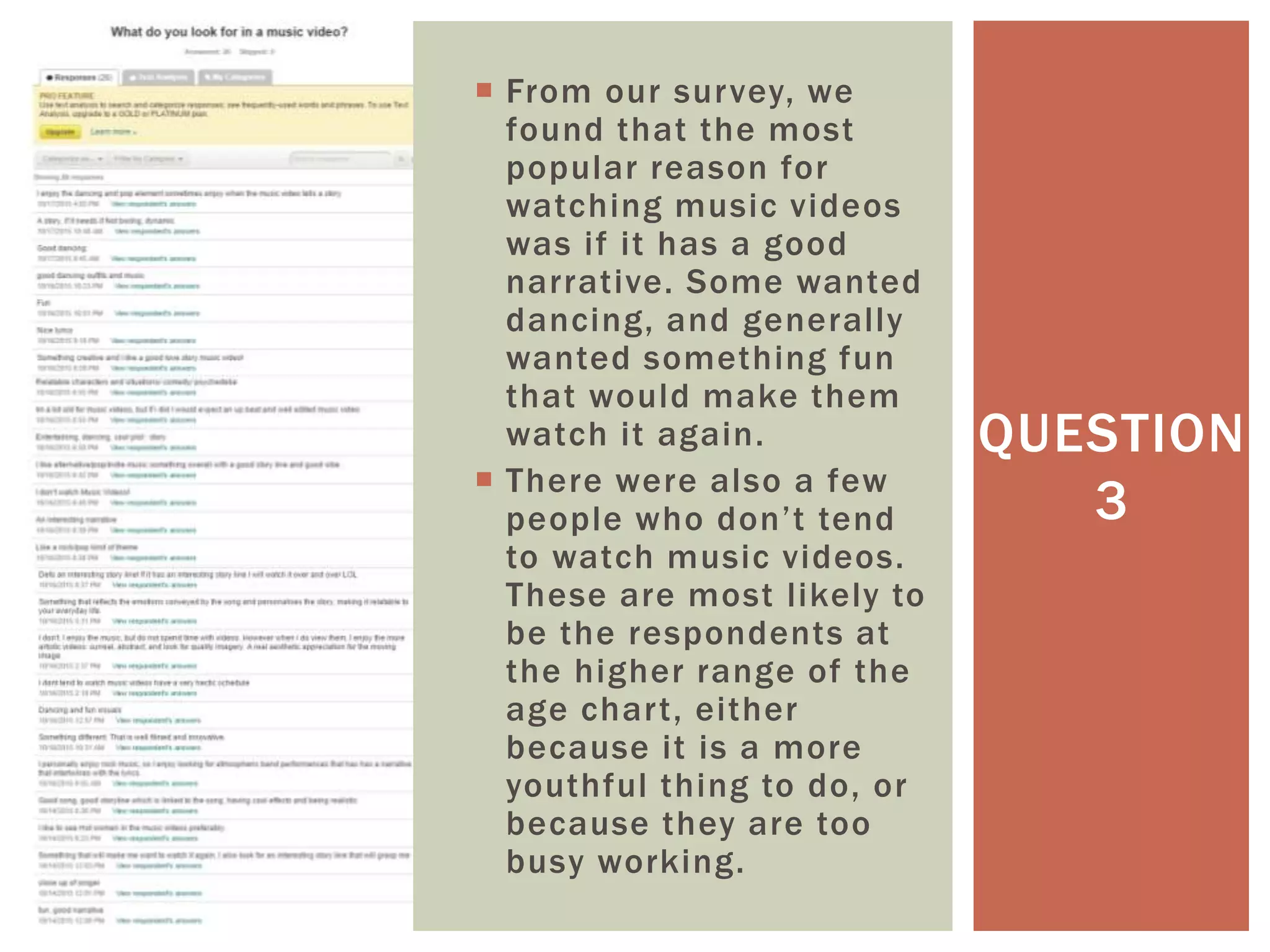  From our survey, we
found that the most
popular reason for
watching music videos
was if it has a good
narrative. Some wanted
dancing, and generally
wanted something fun
that would make them
watch it again.
 There were also a few
people who don’t tend
to watch music videos.
These are most likely to
be the respondents at
the higher range of the
age chart, either
because it is a more
youthful thing to do, or
because they are too
busy working.
QUESTION
3
 