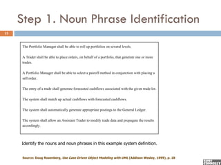 Step 1. Noun Phrase Identification
15


      The Portfolio Manager shall be able to roll up portfolios on several levels.

      A Trader shall be able to place orders, on behalf of a portfolio, that generate one or more
      trades.

      A Portfolio Manager shall be able to select a pairoff method in conjunction with placing a
      sell order.

      The entry of a trade shall generate forecasted cashflows associated with the given trade lot.

      The system shall match up actual cashflows with forecasted cashflows.

      The system shall automatically generate appropriate postings to the General Ledger.

      The system shall allow an Assistant Trader to modify trade data and propagate the results
      accordingly.



     Identify the nouns and noun phrases in this example system definition.


      Source: Doug Rosenberg, Use Case Driven Object Modeling with UML (Addison Wesley, 1999), p. 18
 