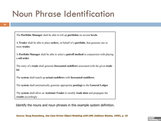 Noun Phrase Identification
16


      The Portfolio Manager shall be able to roll up portfolios on several levels.

      A Trader shall be able to place orders, on behalf of a portfolio, that generate one or
      more trades.

      A Portfolio Manager shall be able to select a pairoff method in conjunction with placing
      a sell order.

      The entry of a trade shall generate forecasted cashflows associated with the given trade
      lot.

      The system shall match up actual cashflows with forecasted cashflows.

      The system shall automatically generate appropriate postings to the General Ledger.

      The system shall allow an Assistant Trader to modify trade data and propagate the
      results accordingly.


     Identify the nouns and noun phrases in this example system definition.


      Source: Doug Rosenberg, Use Case Driven Object Modeling with UML (Addison Wesley, 1999), p. 18
 