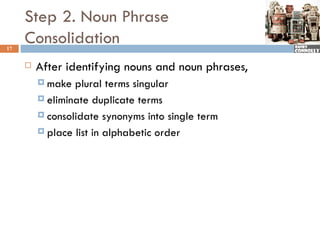 Step 2. Noun Phrase
17
     Consolidation
        After identifying nouns and noun phrases,
          make  plural terms singular
          eliminate duplicate terms

          consolidate synonyms into single term

          place list in alphabetic order
 