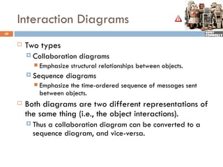 Interaction Diagrams
40


        Two types
          Collaboration     diagrams
              Emphasize structural relationships between objects.
          Sequence     diagrams
              Emphasize the time-ordered sequence of messages sent
               between objects.
        Both diagrams are two different representations of
         the same thing (i.e., the object interactions).
          Thusa collaboration diagram can be converted to a
           sequence diagram, and vice-versa.
 