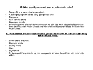 12. What would you expect from an indie music video? Some of the answers that we received: A band playing with a side story going on as well Romance Fast camera shots Groups of people By looking at the answers to this question we can see what people stereotypically think of about indie music videos and then we can incorporate these ideas into our music video.   13. What clothes and accessories would you associate with an indie/acoustic song for the music video? Some of the answers: Checked shirts Skinny jeans Hats Styled hair By looking at these results we can incorporate some of these ideas into our music video.  