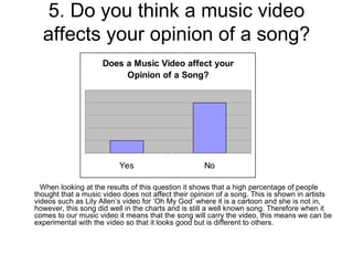 5.  Do you think a music video affects your opinion of a song? When looking at the results of this question it shows that a high percentage of people thought that a music video does not affect their opinion of a song. This is shown in artists videos such as Lily Allen’s video for ‘Oh My God’ where it is a cartoon and she is not in, however, this song did well in the charts and is still a well known song. Therefore when it comes to our music video it means that the song will carry the video, this means we can be experimental with the video so that it looks good but is different to others.  