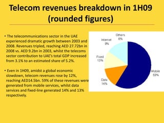 Telecom revenues breakdown in 1H09 (rounded figures) The telecommunications sector in the UAE experienced dramatic growth between 2003 and 2008. Revenues tripled, reaching AED 27.72bn in 2008 vs. AED 9.2bn in 2003, whilst the telecoms sector contribution to UAE’s total GDP increased from 3.1% to an estimated share of 5.2%.