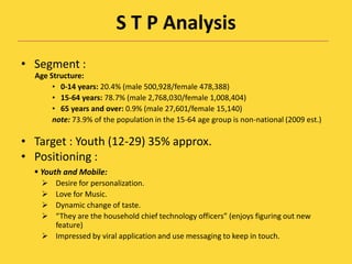 S T P AnalysisSegment : Age Structure:   0-14 years: 20.4% (male 500,928/female 478,388)   15-64 years: 78.7% (male 2,768,030/female 1,008,404)   65 years and over: 0.9% (male 27,601/female 15,140)note: 73.9% of the population in the 15-64 age group is non-national (2009 est.)Target : Youth (12-29) 35% approx.Positioning :Youth and Mobile: