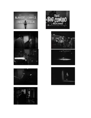                <br />Within these different screen-grabs, although they are very different and from different films, the distinct conventions of film noir are apparent.<br />In the first screen shot, we can see a defined outline of a man in a suit. The print, which displays the actors’ names, is big and bold. The defined shadows are a main convention of film noir.<br />Throughout the different shots we can see very shallow lighting, a large ‘maze-like’ city, a Femme Fetal, and a claustrophobic environment.  <br />