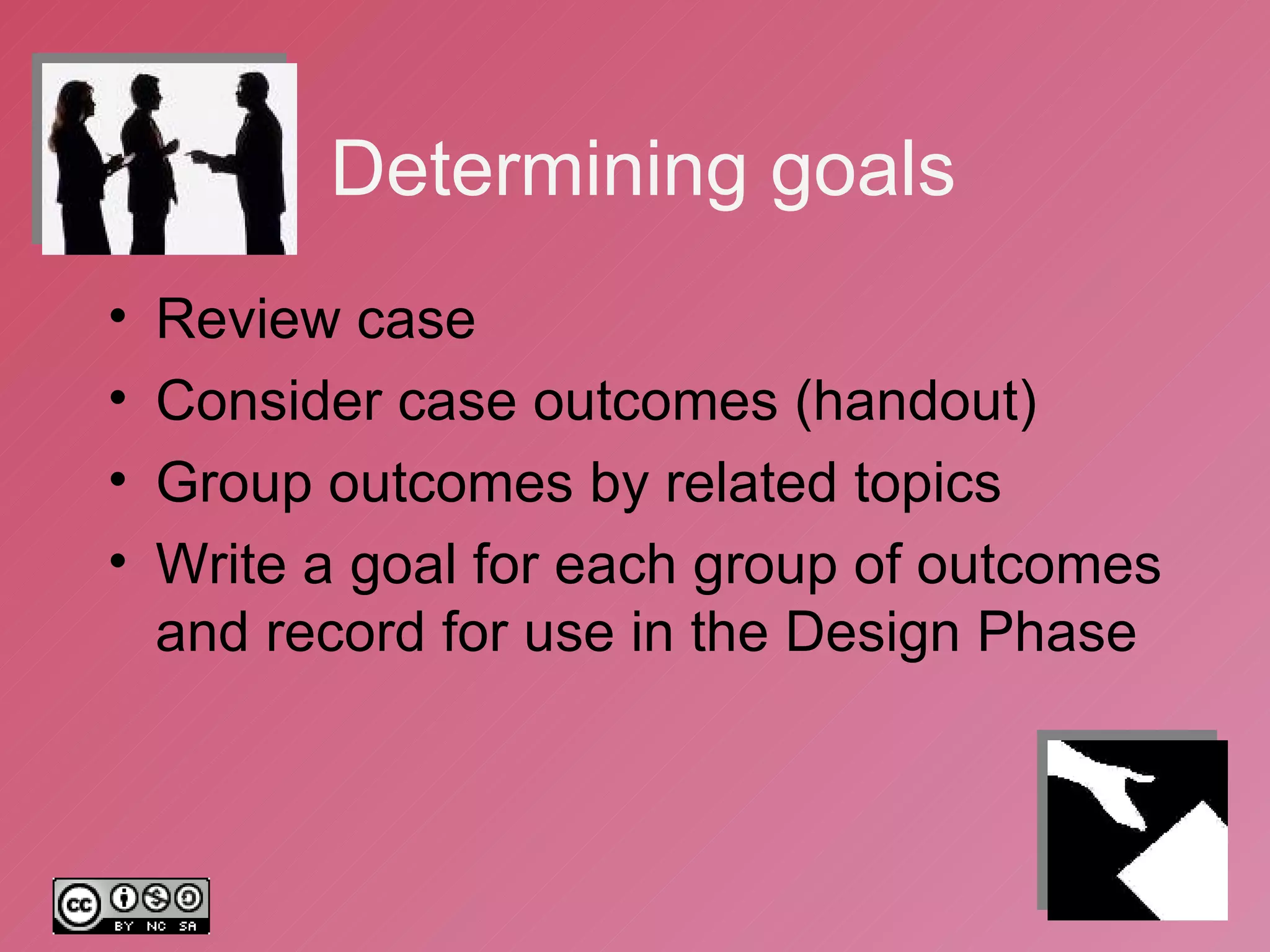 Determining goals Review case Consider case outcomes (handout) Group outcomes by related topics Write a goal for each group of outcomes and record for use in the Design Phase 