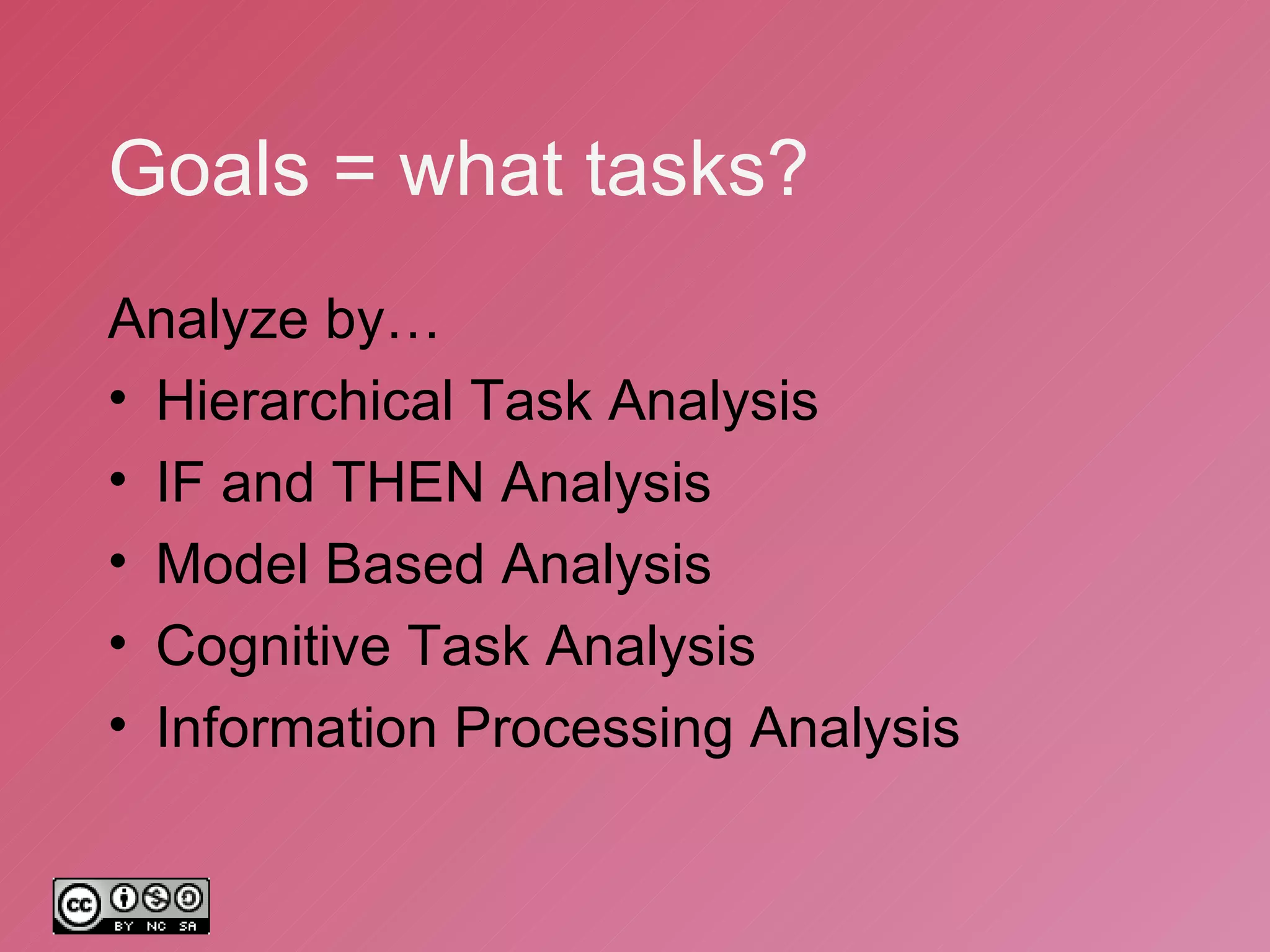 Goals = what tasks? Analyze by… Hierarchical Task Analysis  IF and THEN Analysis  Model Based Analysis Cognitive Task Analysis Information Processing Analysis 