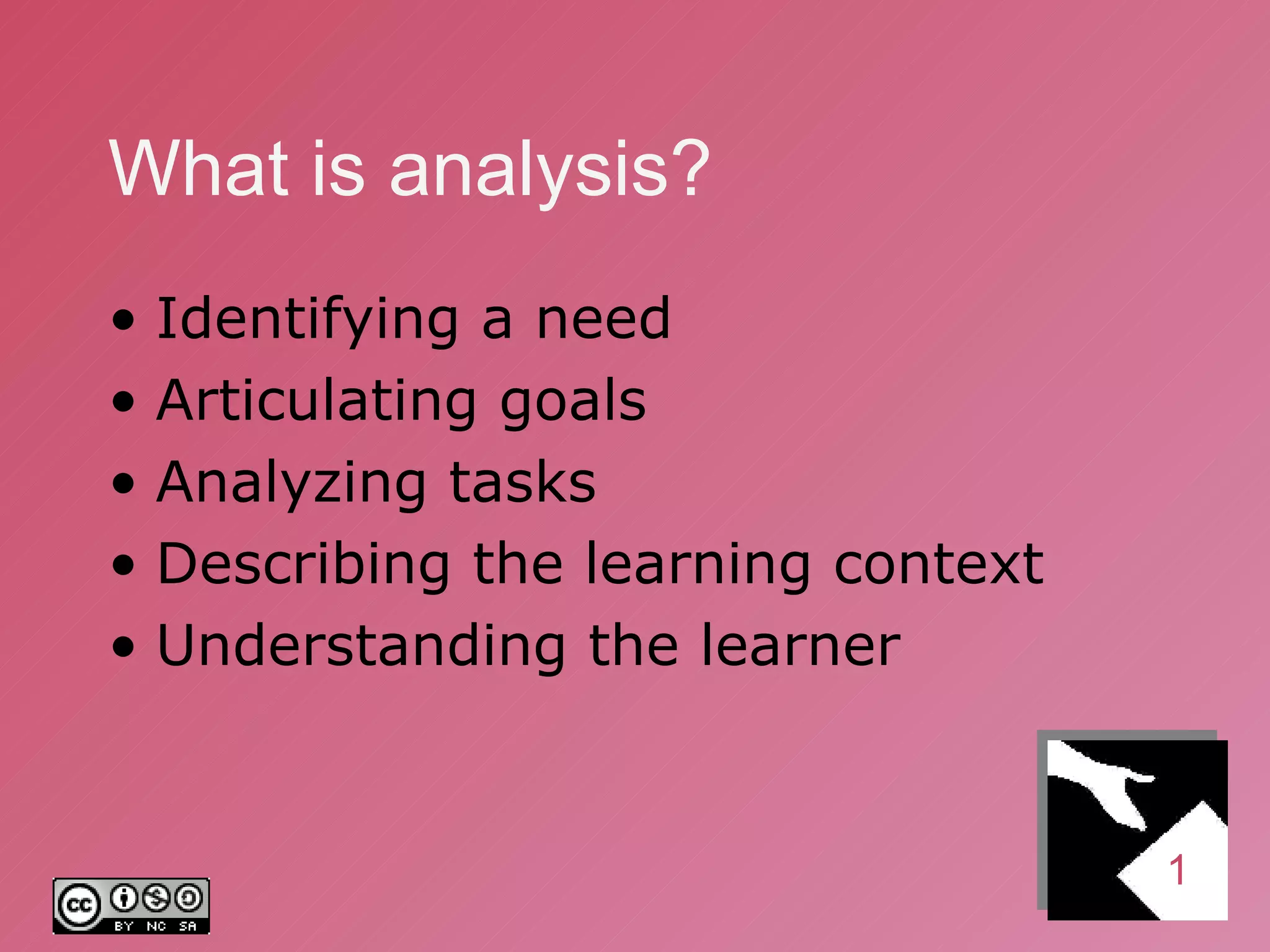 What is analysis? Identifying a need Articulating goals Analyzing tasks Describing the learning context Understanding the learner 1 