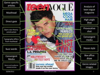 Genre specific
   articles                             Analysis of
                                        teen vogue
  Masthead                               magazine

                                        High angle
  Direct gaze
                                           Shot

Dyers star theory-
                                        Provocative
  construction                             shot

                                        Convergent
Typography differs                        media
 from masthead


  buzz words                            House style


 Convergent                             Box office
   Media                                  draw

Genre and audience
                                       Genre related
  related articles                       images
  20/09/2012         Adam Whitehurst             7
 