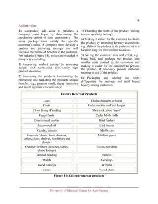 18
Adding value
To successfully add value to products, a
company must begin by determining the
purchasing criteria of their customer(s). The
value package must satisfy the specific
customer’s needs. A company must develop a
product and marketing strategy that will
increase the bundle of benefits to the customer.
For redcedar (Figure 14), value can be added in
many ways including:
1) Improving product quality by removing
defects and maintaining consistently high
product standards;
2) Increasing the products functionality by
promoting and marketing the products unique
benefits, e.g., pleasant smell, decay resistance
and insect repellant characteristics;

3) Changing the form of the product (cutting
to size, specialty cutting);
4) Making it easier for the customer to obtain
the product by arranging for easy acquisition,
e.g., deliver the product to the customer or to a
location easy for the customer to access;
5) Saving the customer time and effort, e.g.,
break bulk and package the product into
smaller units desired by the customers and
making it easier for the customer to possess
the product, if necessary provide customer
training in use of the product.
6) Packaging and labeling that helps
differentiate the products and build brand
loyalty among customers.

Eastern Redcedar Products
Logs

Clothes hangers or hooks

Cants

Cedar necktie and belt hanger

Closet lining /Paneling

Shoe rack, shoe “trees”

Fence Posts

Cedar Moth Balls

Dimensional lumber

Bird feeders

Cedarwood oil

Bird houses

Gazebo, cabana

Mailboxes

Furniture (chests, beds, drawers,
tables, chairs, shelves, wardrobes and
closets)
Outdoor furniture (benches, tables,
chaise lounge)
Animal bedding

Mailbox posts

Boxes, novelties
Pencils

Mulch

Carvings

Wood turnings

Wreaths

Canes

Wood chips
Figure 14: Eastern redcedar products

University of Missouri Center for Agroforestry

 