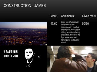 CONSTRUCTION - JAMES 
Mark: 
47/60 
Comments: 
Good use of voiceover. 
Time lapse at the 
beginning very creative 
and original. Nice use of 
editing when introducing 
characters. However the 
fight scene was bad 
framing and bad quality 
sound. 
Given mark: 
50/60 
 